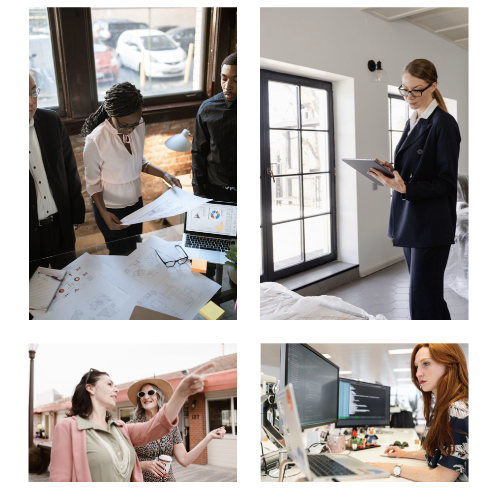 A collage of pictures of women working in houses or a desks.